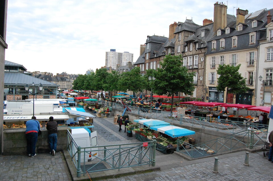 Market stalls being set up on Place des Lices in Saint-Tropez